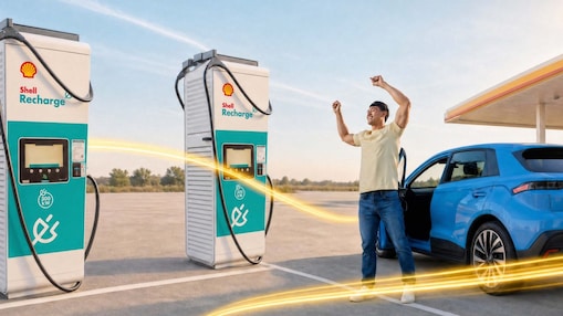 Rechts im Bild lächelt ein Mann und hebt jubelnd beide Arme neben einem blauen Elektroauto mit geöffneter Tür. Links stehen zwei Shell Recharge Ultraschnellladesäulen mit bis zu 400 kW; goldene Lichtspuren ziehen über den Ladeplatz.