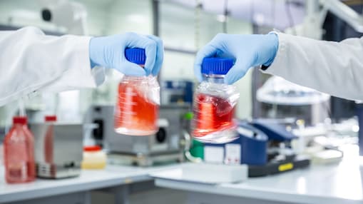 Zwei Personen in Laborkitteln halten Gläser mit roter Flüssigkeit, während sie sich in einem modernen Labor befinden.