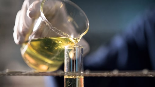 Ein Hand mit einem Gummihandschuh gießt eine gelbliche Flüssigkeit aus einem Becherglas in ein transparentes Reagenzglas