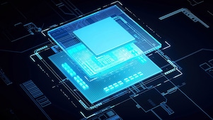 Futuristische digitale Illustration eines blau leuchtenden Mikrochips und Leiterplattenentwurfs auf einem dunklen Hintergrund.