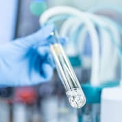 Eine behandschuhte Hand hält ein klares Reagenzglas mit Flüssigkeit vor einem Laborhintergrund.