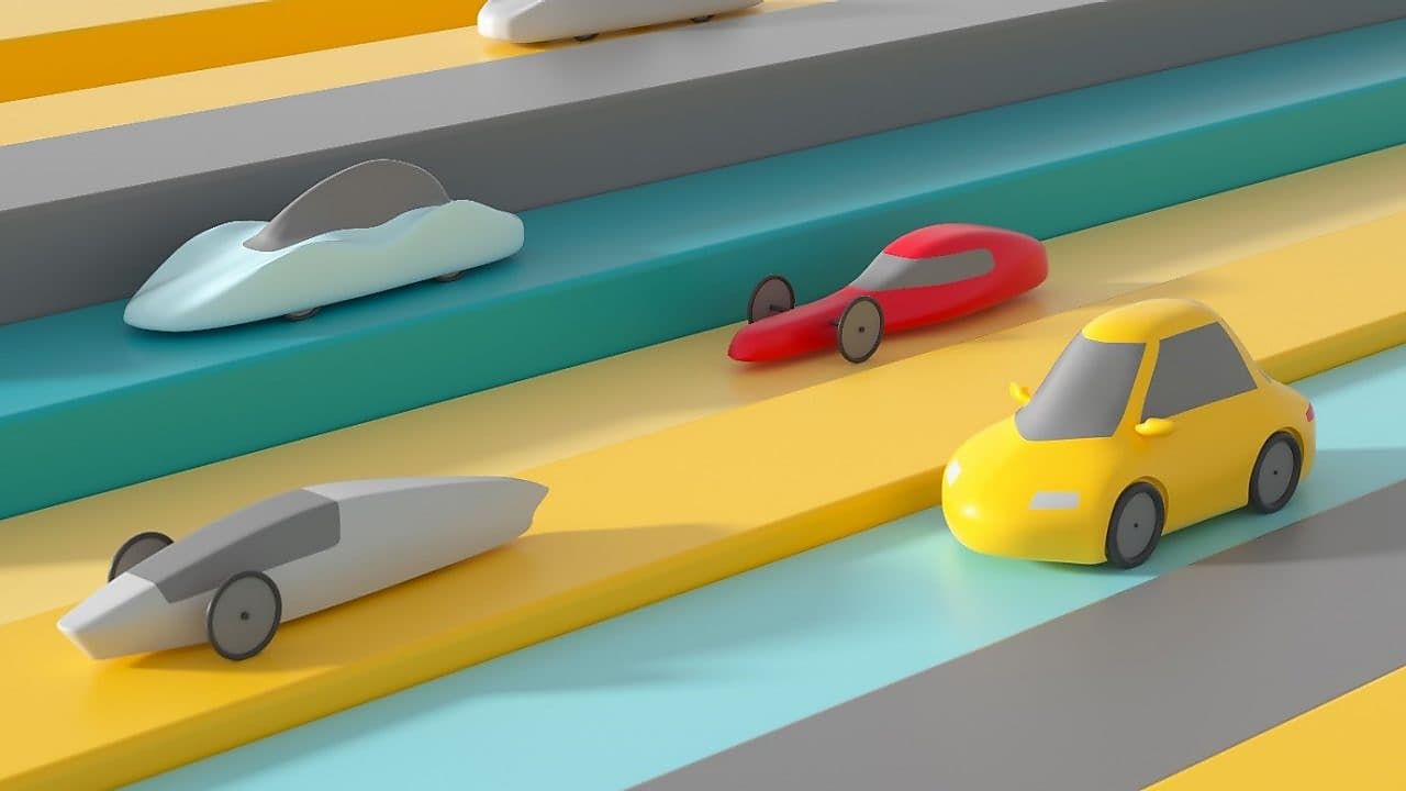 Illustration verschiedener Fahrzeugtypen, die am Shell Eco-marathon teilnehmen