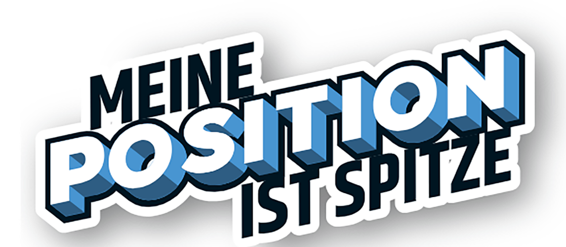 Logo der Aktion „Meine Position ist Spitze“ mit typografischem Schriftzug in Blau  und Weißtönen.