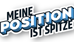 Logo der Aktion „Meine Position ist Spitze“ mit typografischem Schriftzug in Blau  und Weißtönen.