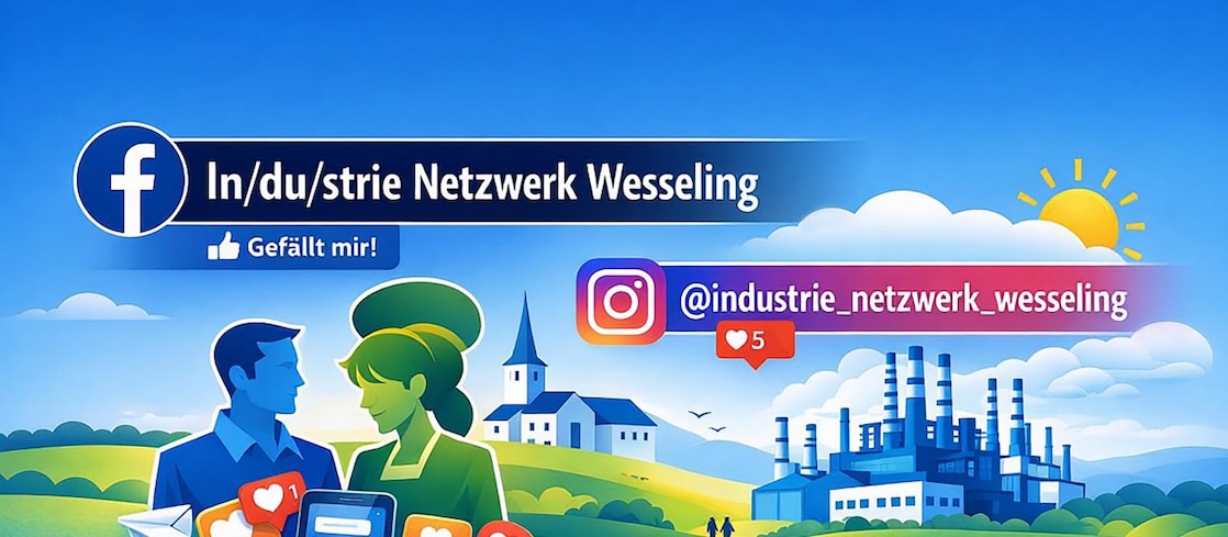 Grafik zu den Facebook  und Instagram Kanälen des Industrienetzwerks Wesseling mit Beteiligung von Shell Rheinland.