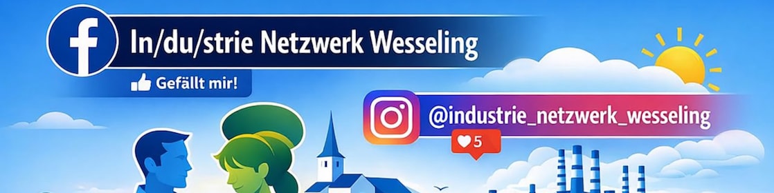 Grafik zu den Facebook und Instagram Kanälen des Industrienetzwerks Wesseling mit Beteiligung von Shell Rheinland.