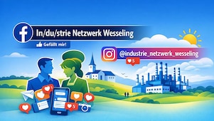 Grafik zu den Facebook  und Instagram Kanälen des Industrienetzwerks Wesseling mit Beteiligung von Shell Rheinland.