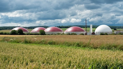 Biomethan Tanks stehen hinter einem Feld