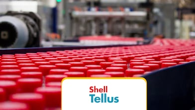 Shell Tellus Hydrauliköl‑Behälter auf automatisierter Produktionslinie in einer Industrieanlage