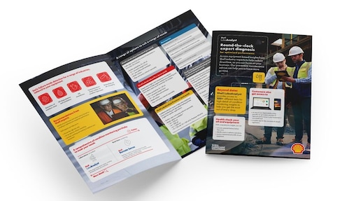 Geöffnete Shell LubeAnalyst‑Broschüre mit Diagnostik‑ und Wartungslösungen für stationäre Gasmotoren.