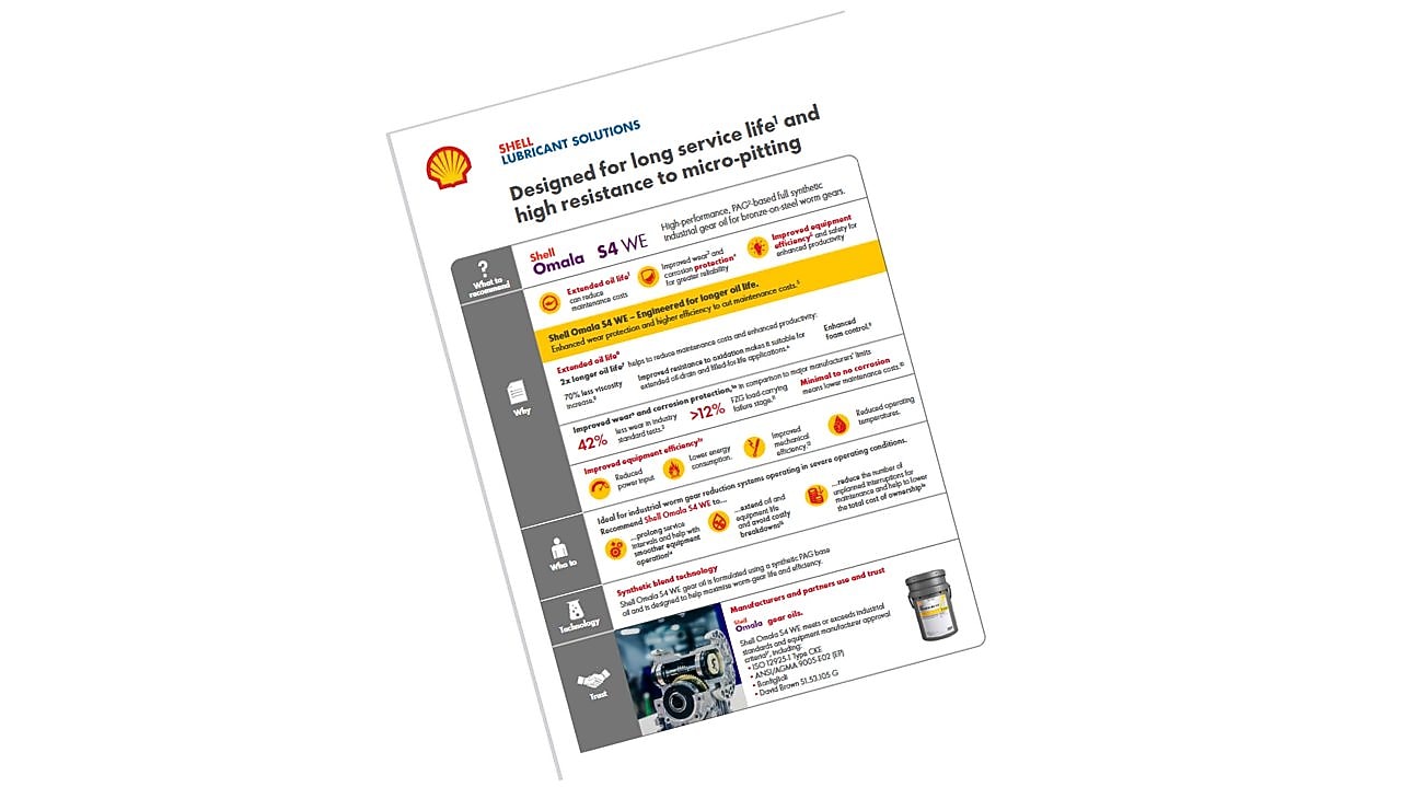 Technisches Datenblatt Shell Omala S4 GXV Plus mit Vorteilen wie langer Lebensdauer, hoher Widerstand gegen Mikro-Pitting und Energieeffizienz.