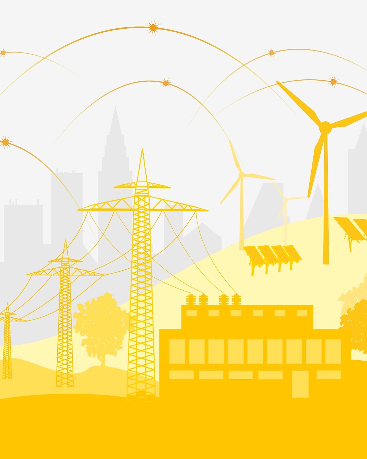 Eine Infografik einer Landschaft mit Windrädern, Sonnenkollektoren, Strommasten und Stromleitungen.