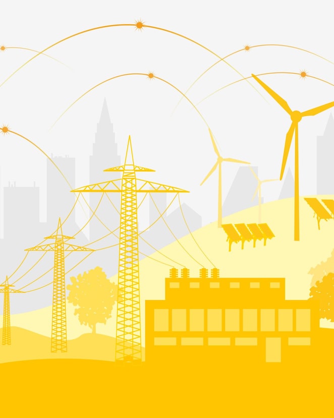 Eine Infografik einer Landschaft mit Windrädern, Sonnenkollektoren, Strommasten und Stromleitungen.