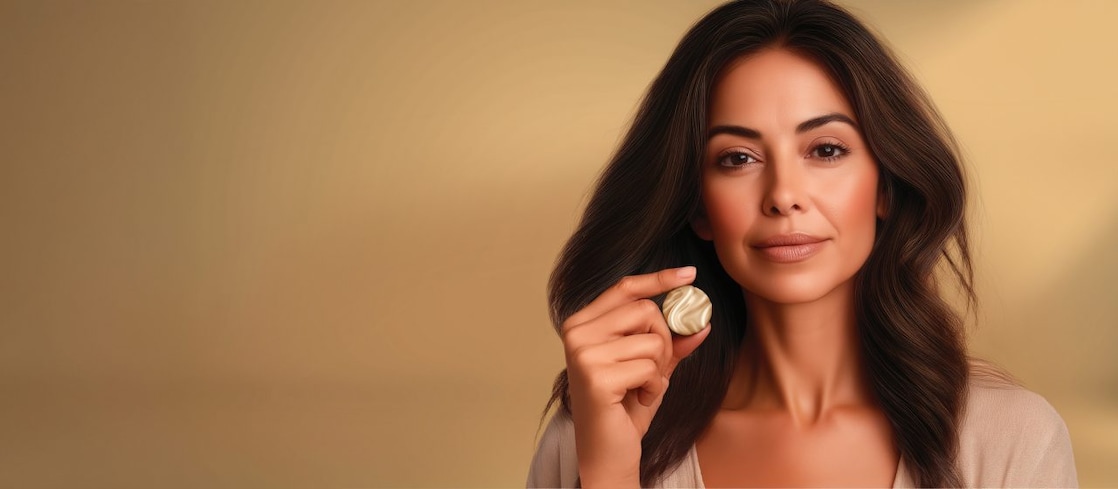 Woman holds a round silk spot in her hand