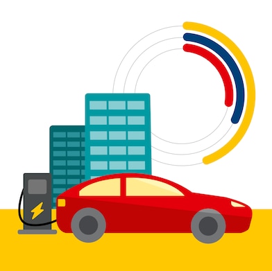 Eine Illustration eines Elektroautos kombiniert mit einem Kreisdiagramm