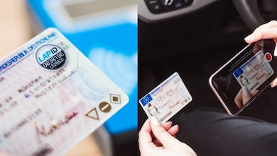Ein zweigeteiltes Bild mit einem Führerschein und dem LapID Prüfstation links und einem Führerschien und einem Smartphone rechts.