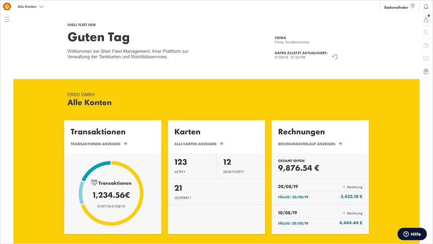 Screenshot der Shell Fleet Hub Startseite, der einen ersten Einblick in die Kernfunktionen des Tools gibt, wie die Verwaltung von Transaktionen, der Karten, sowie der Rechnungen.