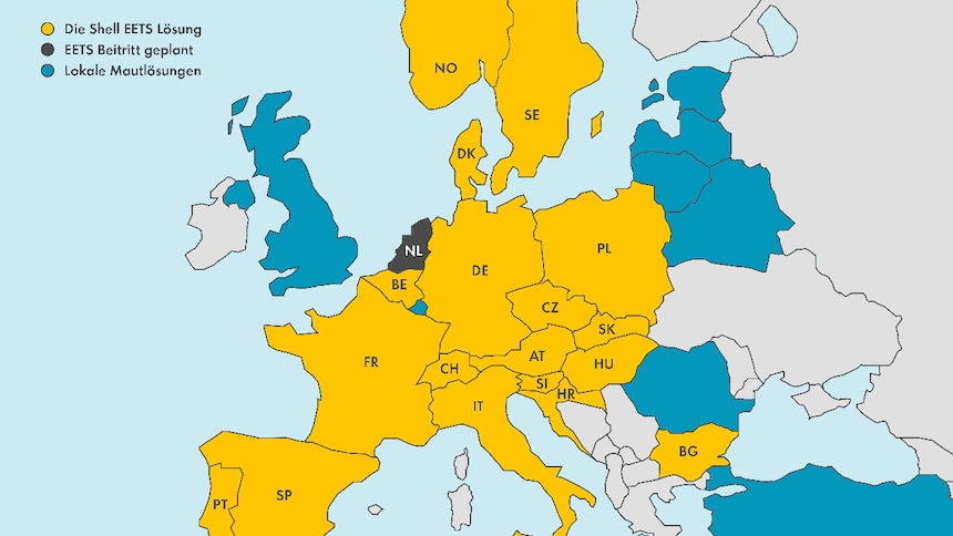 Europakarte mit Ländern, in denen die EETS-Mautlösung von Shell einsatzfähig ist – für grenzüberschreitendes und komfortables Flottenmanagement.