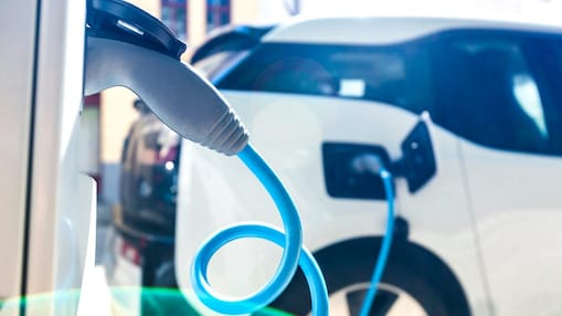 Lächelnder Mann vor einer Ladestation zu Hause