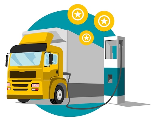 Illustration eines Lkw an einer Ladesäule mit ClubSmart Münzen