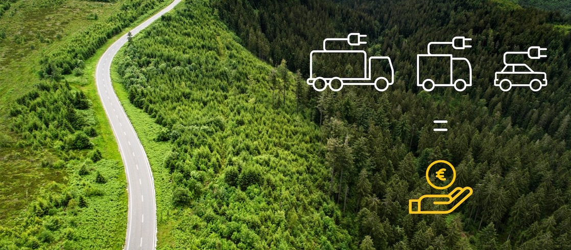 Icons zu Elektro-Trucks, -Transporter und -Autos und ein Icon mit einer Münze auf einem Bild einer Straße durch den Wald