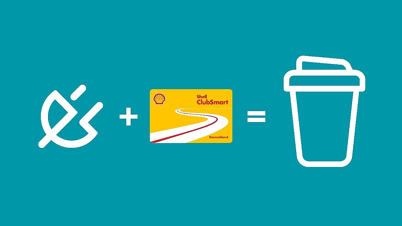 Recharge Stecker-Icon mit Shell ClubSmart Karte und Kaffeebecher auf türkisem Hintergrund.