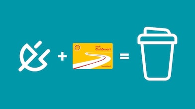 Recharge Stecker-Icon mit Shell ClubSmart Karte und Kaffeebecher auf türkisem Hintergrund.