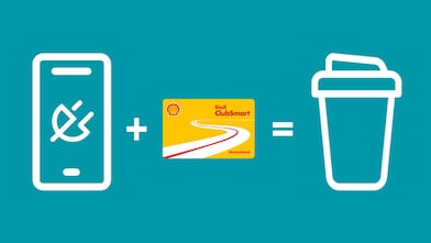 Recharge Stecker-Icon mit Shell ClubSmart Karte und Kaffeebecher auf türkisem Hintergrund.