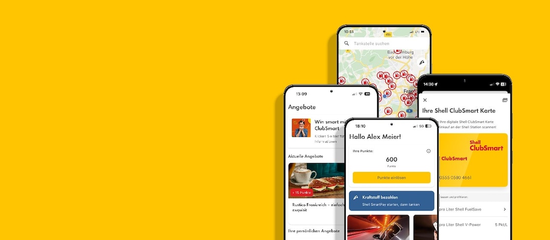 Mehrere Smartphones vor gelbem Hintergrund zeigen Screens der Shell App, darunter Tankstellenkarte, Angebote und ClubSmart Punkteübersicht.