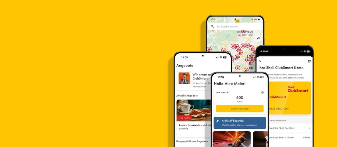 Mehrere Smartphones vor gelbem Hintergrund zeigen Screens der Shell App, darunter Tankstellenkarte, Angebote und ClubSmart Punkteübersicht.