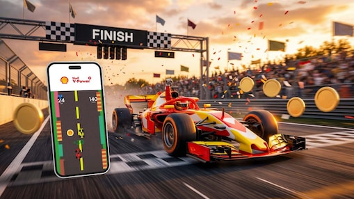 Ein rot-gelbes Rennauto überquert die Ziellinie unter einem „Finish"-Banner. Im Hintergrund jubelt eine Zuschauermenge, Konfetti und goldene Münzen fliegen durch die Luft. Links im Bild ist ein Smartphone mit der Shell App zu sehen, auf dessen Display eine stilisierte Rennstrecke mit farbigen Markierungen sowie das mit Shell V-Power Logo abgebildet ist. Die Szene gibt einen Einblick in das Shell V-Power SmartDeal Rennen in der Shell App.