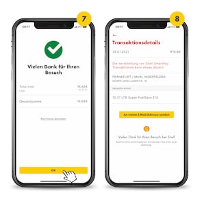 Auf dem letzten Bild sind die beiden Handys mit den Nummern 7 und 8 gekennzeichnet. Das Handy mit der Nr. 7 zeigt, die Transaktionsbestätigung in der App. Der Screen des Handys mit der Nr. 8 informiert den Shell SmartPay Nutzer, wo er seine Transaktionsdetails / Rechnung einsehen kann.