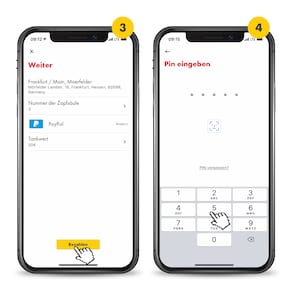 Es sind 2 Handys mit geöffneter Shell App zu sehen. Sie tragen oben die Nummern 3 und 4. Auf dem Screen mit der Nr. 3. sieht man einen stilisierten Finger auf bezahlen klickt. Auf dem Screen mit der Nr. 4 wird gezeigt, wie der persönliche PIN eingegeben wird.