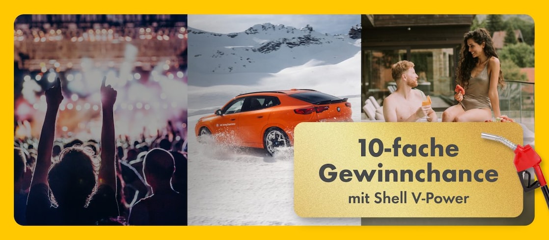 Eine goldene Karte mit abgerundeten Ecken auf einem roten Hintergrund, auf der der Text „10-fache Gewinnchance mit Shell V-Power“ steht. Rechts daneben ist eine rote Zapfpistole abgebildet.