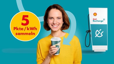 Eine lächelnde Frau mit braunem Haar und gelbem Pullover hält einen Shell Café Coffee-to-go-Becher in der Hand. Links neben ihr ein gelber Störer mit der Aufschrift „5 Pkte / kWh sammeln" in roter Schrift. Rechts im Bild ist eine Shell Recharge Ladesäule abgebildet. Ein hellblauer Pfeil verbindet die Ladesäule mit der Frau. Der Hintergrund ist türkis mit grafischen Pfeil-Elementen in Hellblau.