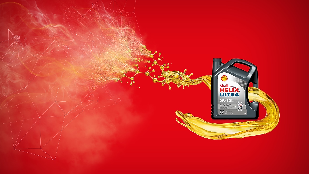 Shell Helix Ultra Flasche auf rotem Hintergrund