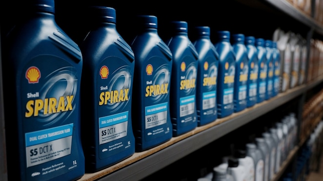 Reihe von Shell Spirax Getriebeölen im Verkaufsregal, hochwertige Schmierstoffe für Schalt- und Automatikgetriebe