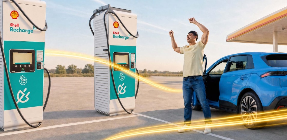 Rechts im Bild lächelt ein Mann und hebt jubelnd beide Arme neben einem blauen Elektroauto mit geöffneter Tür. Links stehen zwei Shell Recharge Ultraschnellladesäulen mit bis zu 400 kW; goldene Lichtspuren ziehen über den Ladeplatz.