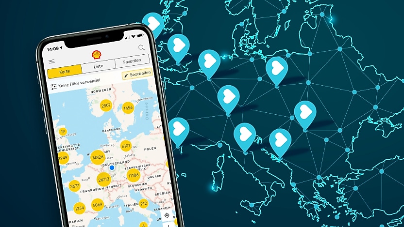 Shell Recharge App mit Shell Recharge Ladestandorten auf dem Display