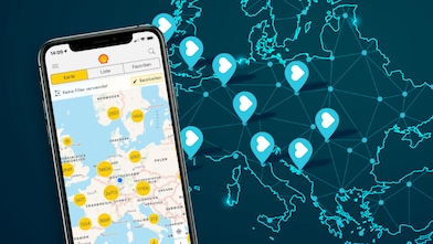 Shell Recharge App mit Shell Recharge Ladestandorten auf dem Display