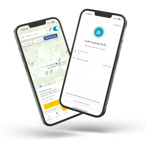 Zwei überlappend dargestellte Smartphones vor schwarzem Hintergrund: Links zeigt die Shell Recharge App eine Ladestationskarte rund um Frankfurt mit ausgewählter Shell Recharge Station. Rechts ist ein laufender Ladevorgang mit Ladezeit, CCS-Anschluss und geladener Energie zu sehen.