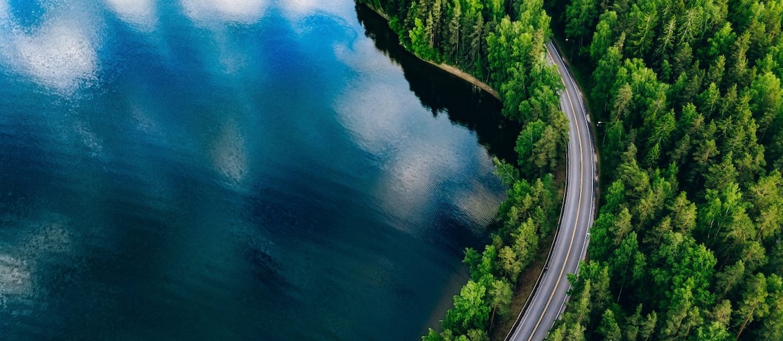 E-Auto auf einer Straße im Wald an einem See