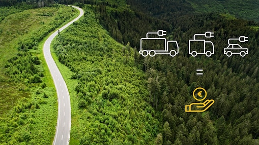 E-Auto auf einer Straße im Wald an einem See