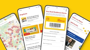 Vier Handys zeigen unterschiedliche Screens der geöffneten Shell App
