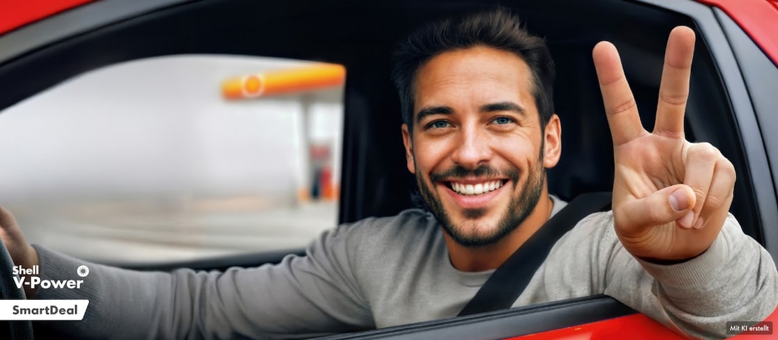 Ein Mann sitzt in einem roten Auto. Er ist angeschnallt und lächelt. Das Seitenfenster ist komplett unten, sodass er seinen Arm lässig hinaushält und mit seiner Hand das Victory-Zeichen macht. Im Hintergrund erkennen wir in der Unschärfe eine Shell Tankstelle.