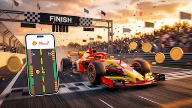 Ein rot-gelbes Rennauto überquert die Ziellinie unter einem „Finish"-Banner. Im Hintergrund jubelt eine Zuschauermenge, Konfetti und goldene Münzen fliegen durch die Luft. Links im Bild ist ein Smartphone mit der Shell App zu sehen, auf dessen Display eine stilisierte Rennstrecke mit farbigen Markierungen sowie das mit Shell V-Power Logo abgebildet ist. Die Szene gibt einen Einblick in das Shell V-Power SmartDeal Rennen in der Shell App.