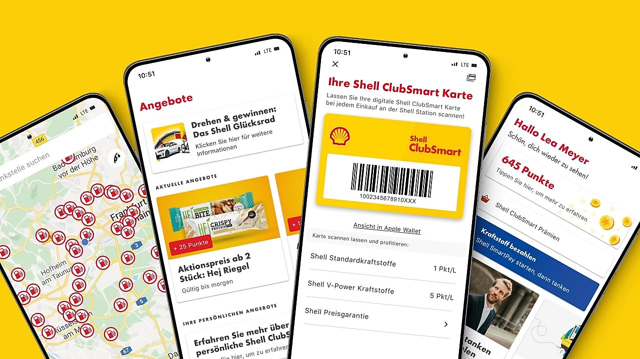 Vier Handys zeigen unterschiedliche Screens der geöffneten Shell App