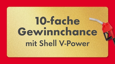 Eine goldene Karte mit abgerundeten Ecken auf einem roten Hintergrund, auf der der Text „10-fache Gewinnchance mit Shell V-Power“ steht. Rechts daneben ist eine rote Zapfpistole abgebildet.