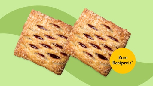 Zwei goldbraune Kirschkissen mit sichtbarer Kirschfüllung auf hellgrünem Hintergrund. Störer mit dem Hinweis „Zum Bestpreis“.